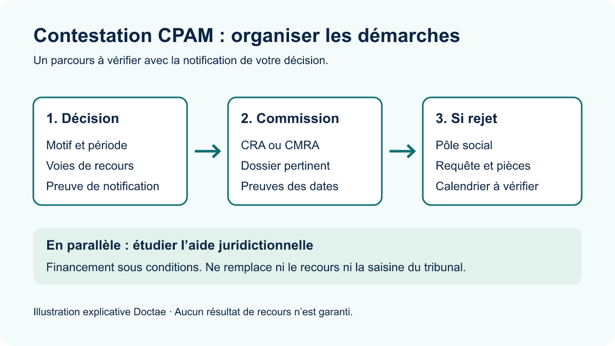 Schéma du dossier CPAM : décision, commission compétente, éventuel tribunal et aide juridictionnelle à examiner en parallèle.